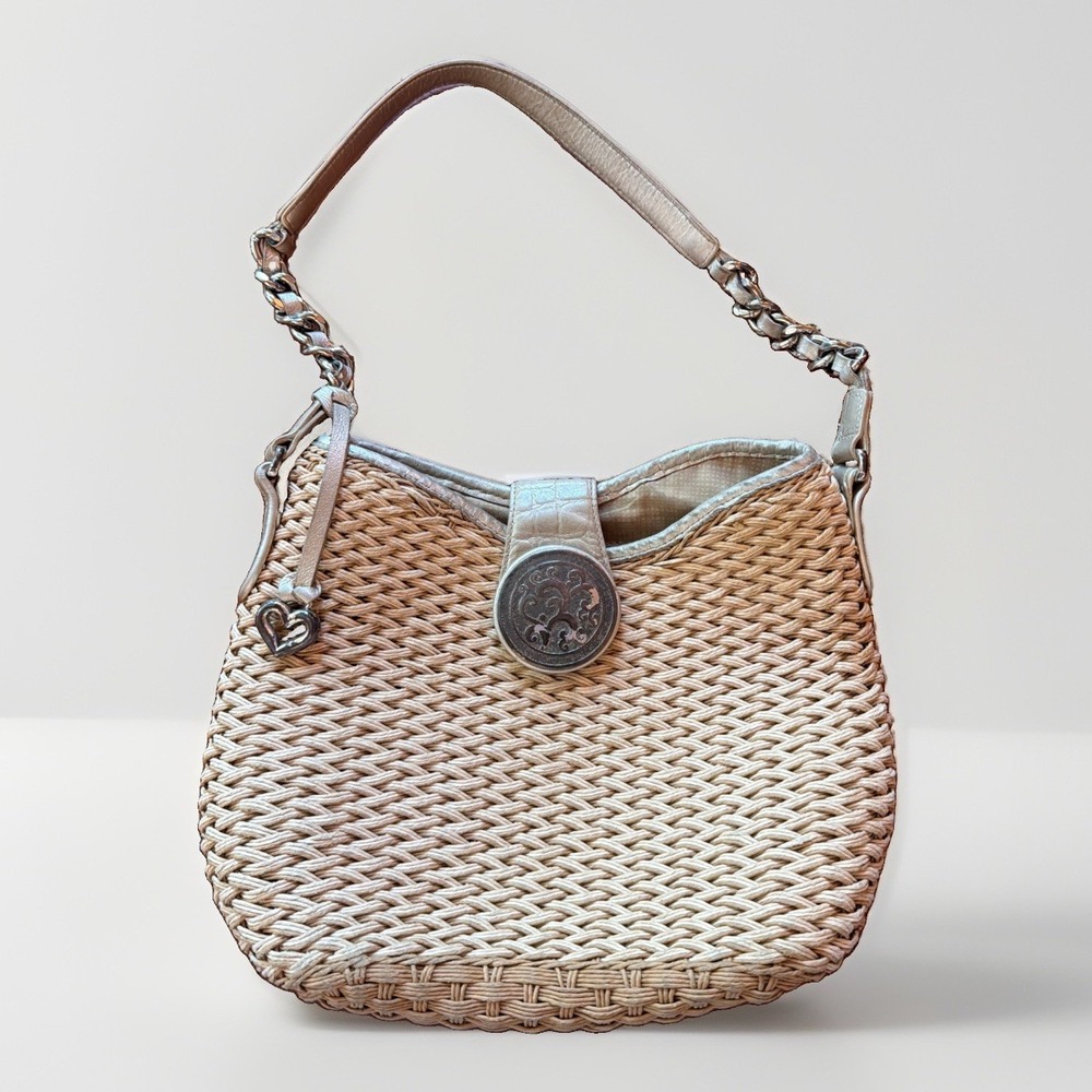 Brighton Jani Shoulder Handbag Tan Beige Basket Weave Charm Lined Chain Strap